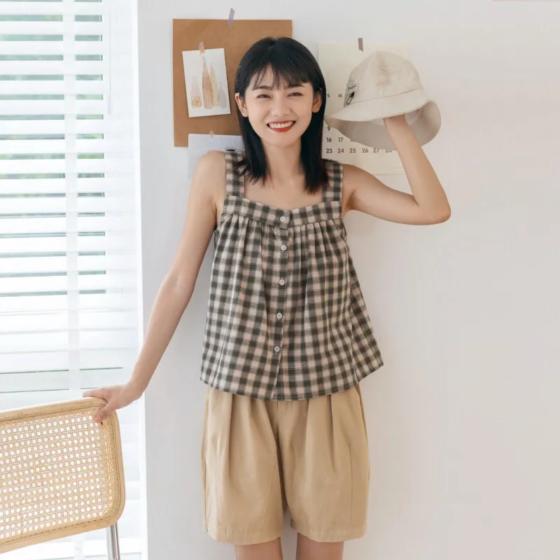 Mori Girl Style Retro Sweet Cotton Linen Plaid Tank Top Women 2024 Summer Loose Casual Single-breasted Shirt Sleeveless Blouse