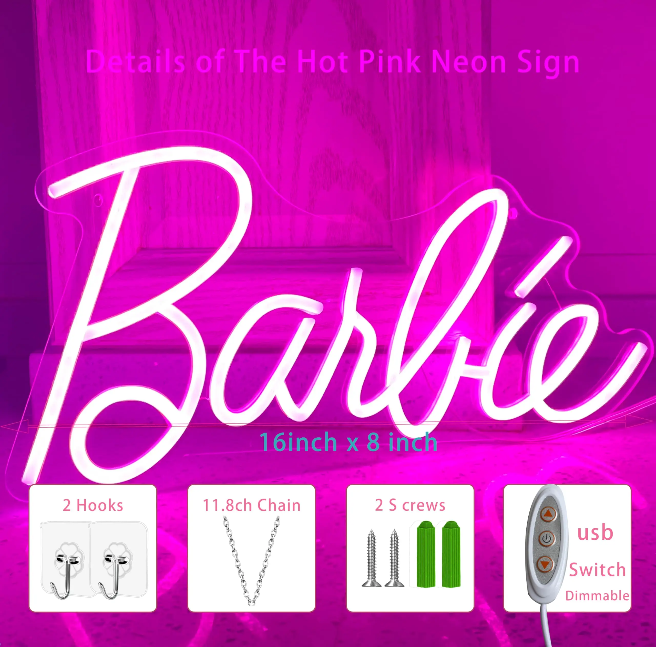 

2024 Barbie Neon Sign Dimmable Led Pink Wall Decor 16 X 8 Inch Romantic Light Up Wall Bedroom Aesthetic Preppy Room Decor 5V USB