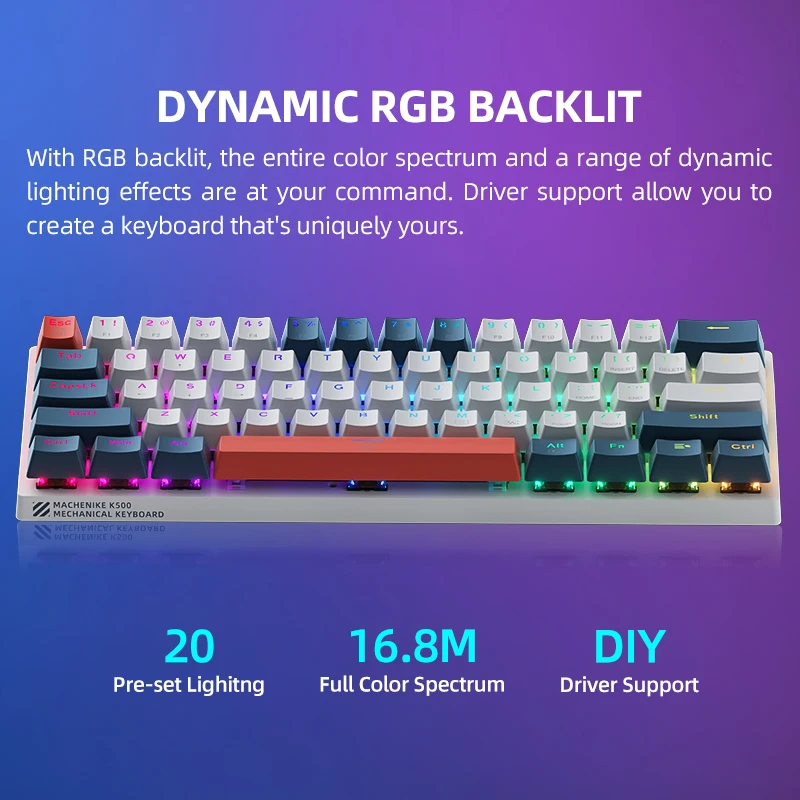 Machenike K500-B61 Mini Teclado Mecánico 60% Factor de Forma 61Teclas Teclado Gaming Con Cable Tecla Completa Retroiluminación RGB Hot-Swappable