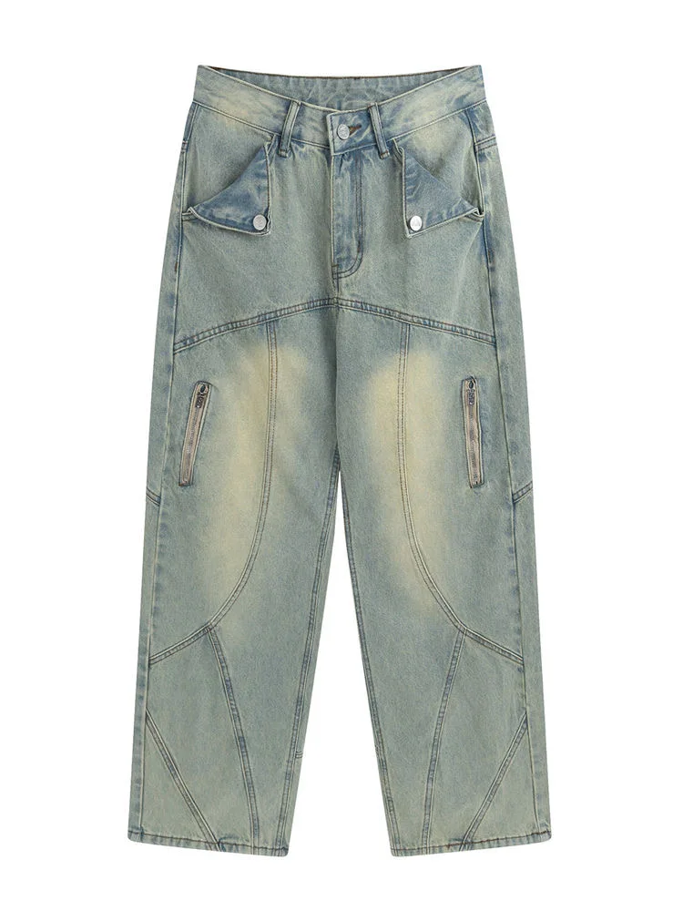 Retro waed americano sle lama tintura jeans feminino solto perna reta design de cintura alta primavera outono inverno uso sazonal