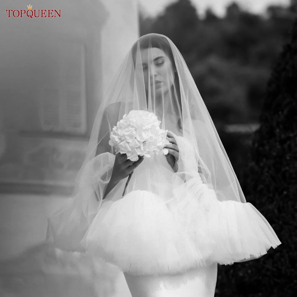 TOPQUEEN Short Romantic Wedding Veil 2 layers Bridal Veils Cover Face Tactical Halloween Integrated Bonnet Veil Fingertip V183