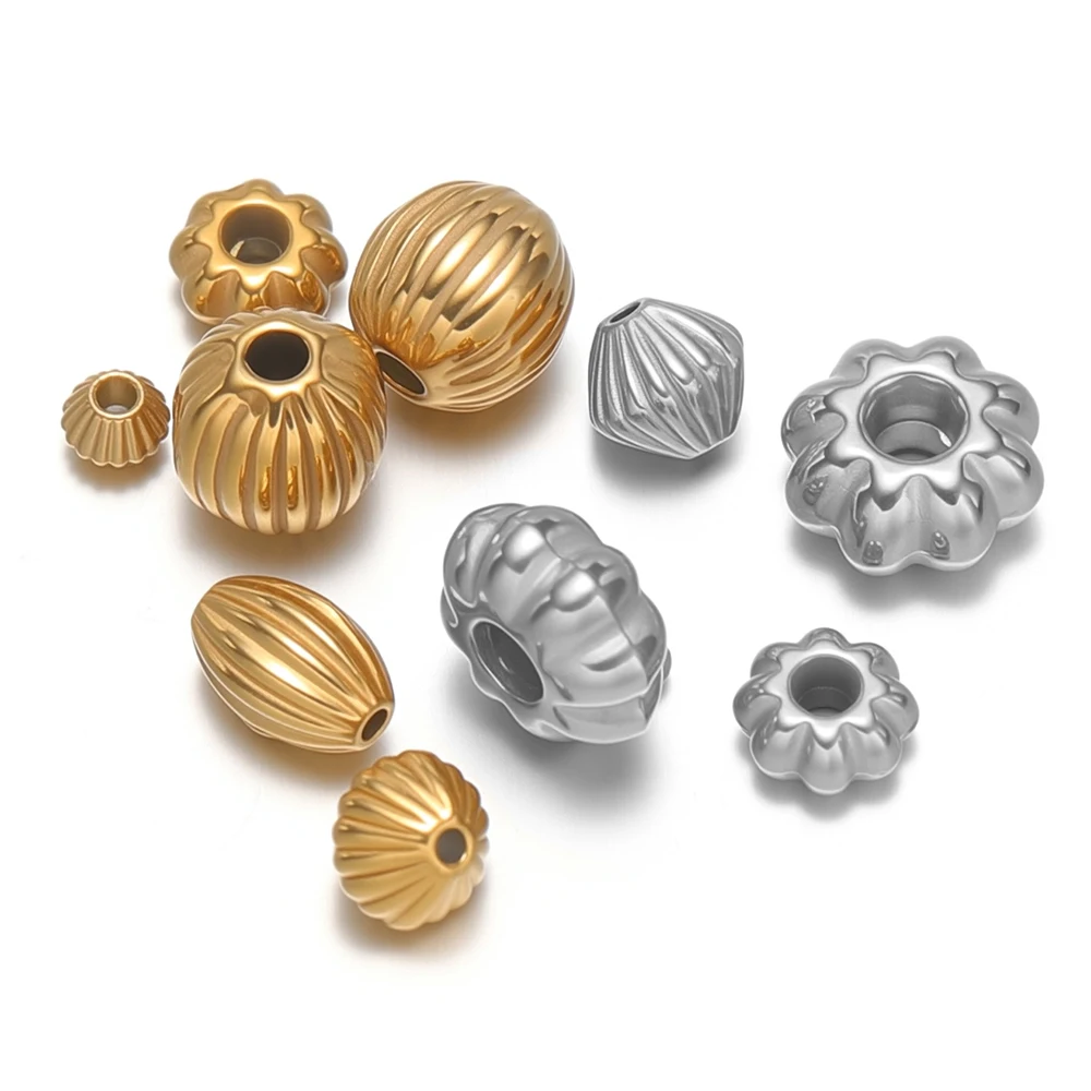 20pcs Stainless Steel Pumpkin Beads Striped Spacer Hole Beads for DIY Handmade Jewelry Making Bracelet Necklace Supplies Bulk