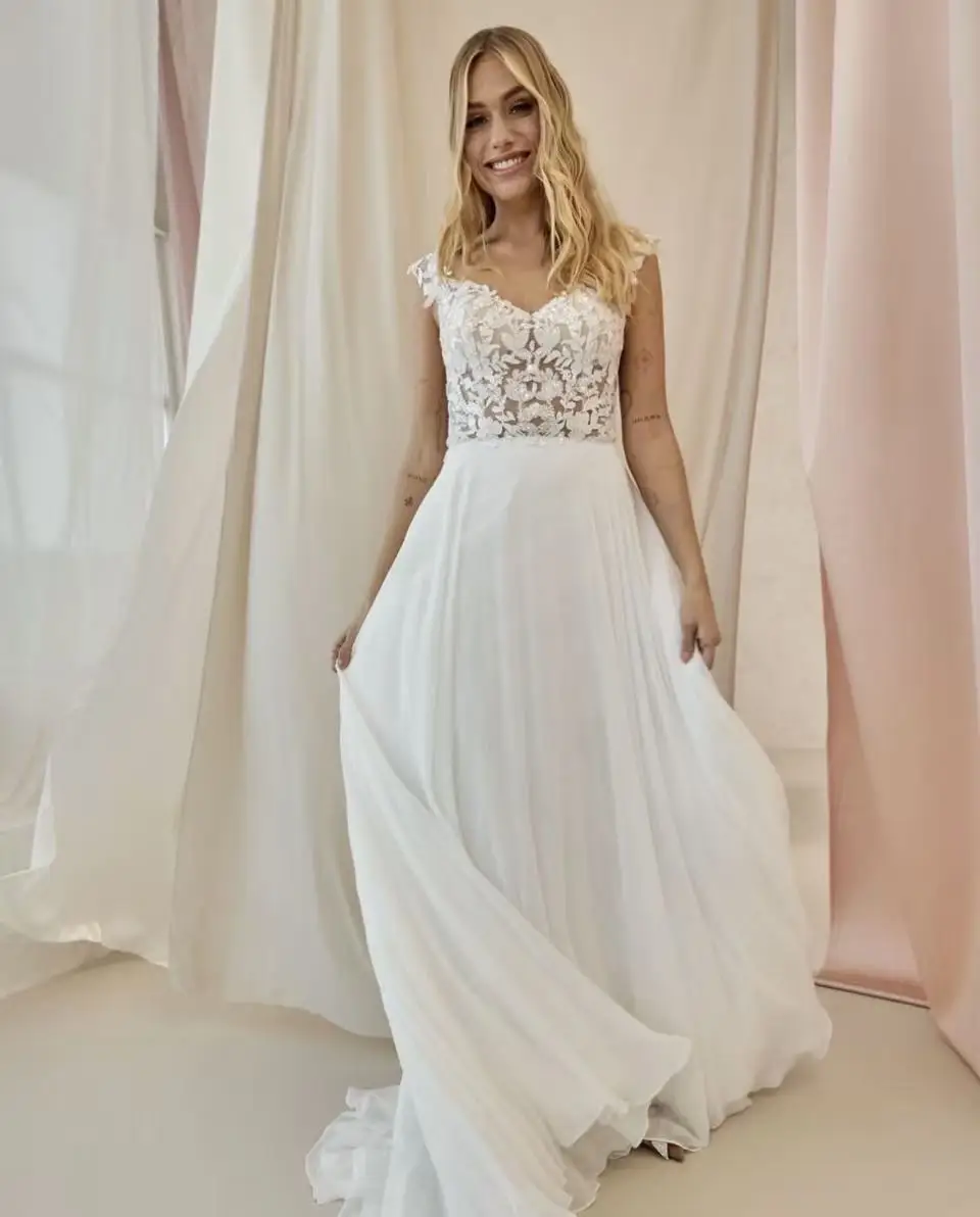 

Летние свадебные платья в стиле бохо, кружевные пляжные свадебные платья, платье без рукавов с v-образным вырезом для женщин, платье с иллюзией спины, Vestido de novia