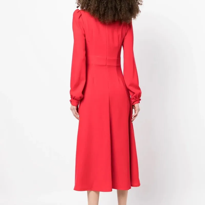 Long Sleeve OL Office Ladies Dresses Button Design Women Solid Dress