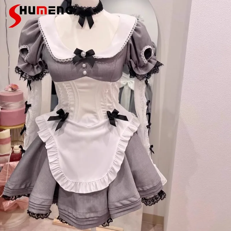 

New Japanese Lolita Style Kawaii Dresses Bow Pearl Buckle Lace Edge Color Matching Lapel Bubble Sleeves Maid Dress Set For Women