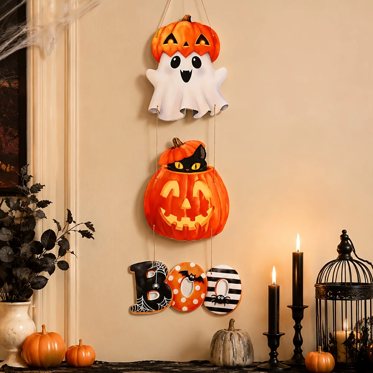 Halloween-Holzschild mit Kürbis, Geist und Schwarzer Katze, Hängedekoration für Haustür und Wand, für die Feiertagsdekoration zu Hause und auf der Veranda