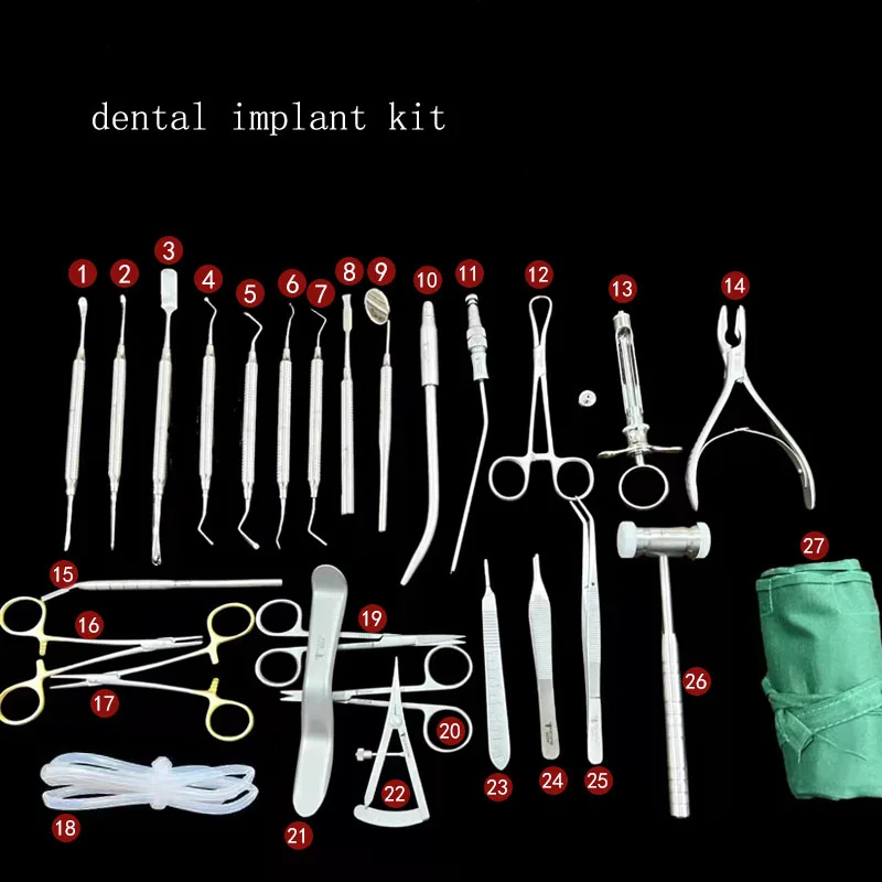 Oral implantation tools and instruments 27-piece oral tool kit implantation set needle holder rongeur separator to suck saliva