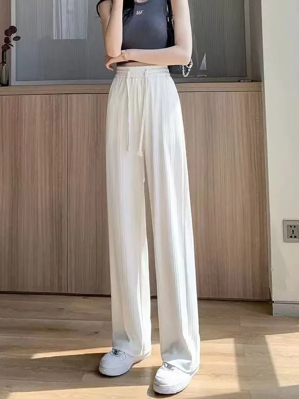 High Waist Straight Leg Pants Draped Floor Length Casual Summer Women's plus Size Korean Style Polyester Fiber Thin Model