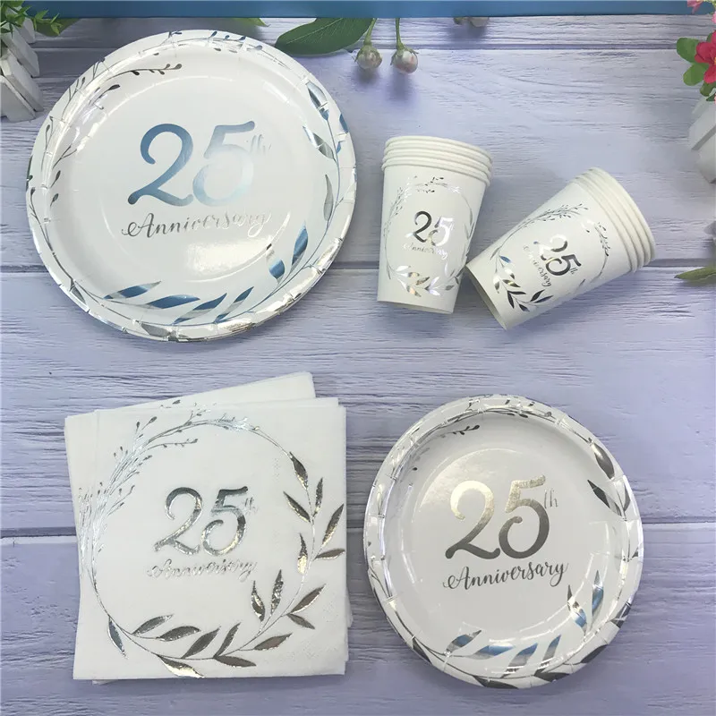 Silberne Einweg-Pappteller zum 25. Jahrestag, Tassen, Servietten für Erwachsene, alles Gute zum Geburtstag, Party, Hochzeitstag, Party-Dekoration