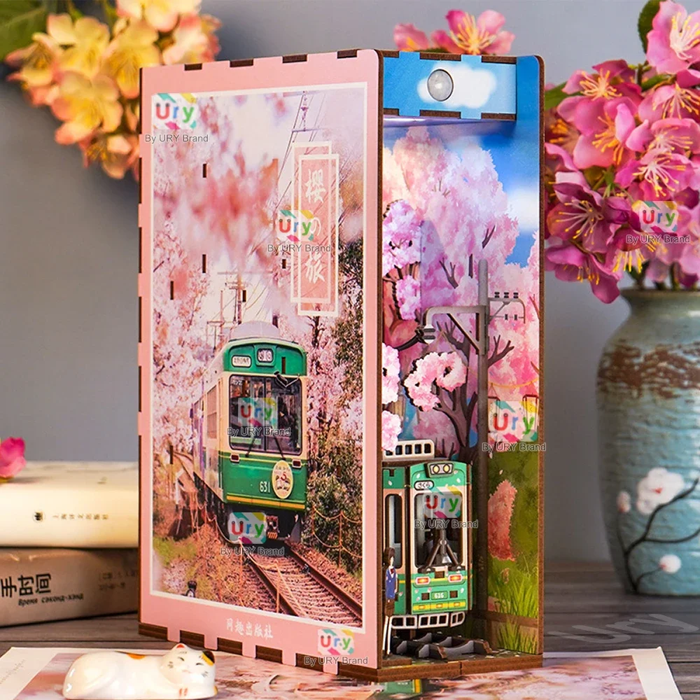 Ury 3D Wooden Puzzle Magic Japanese Style Cherry Blossoms Sakura Tram Station LED DIY Book Nook Shelf Insert for Xmas Gift