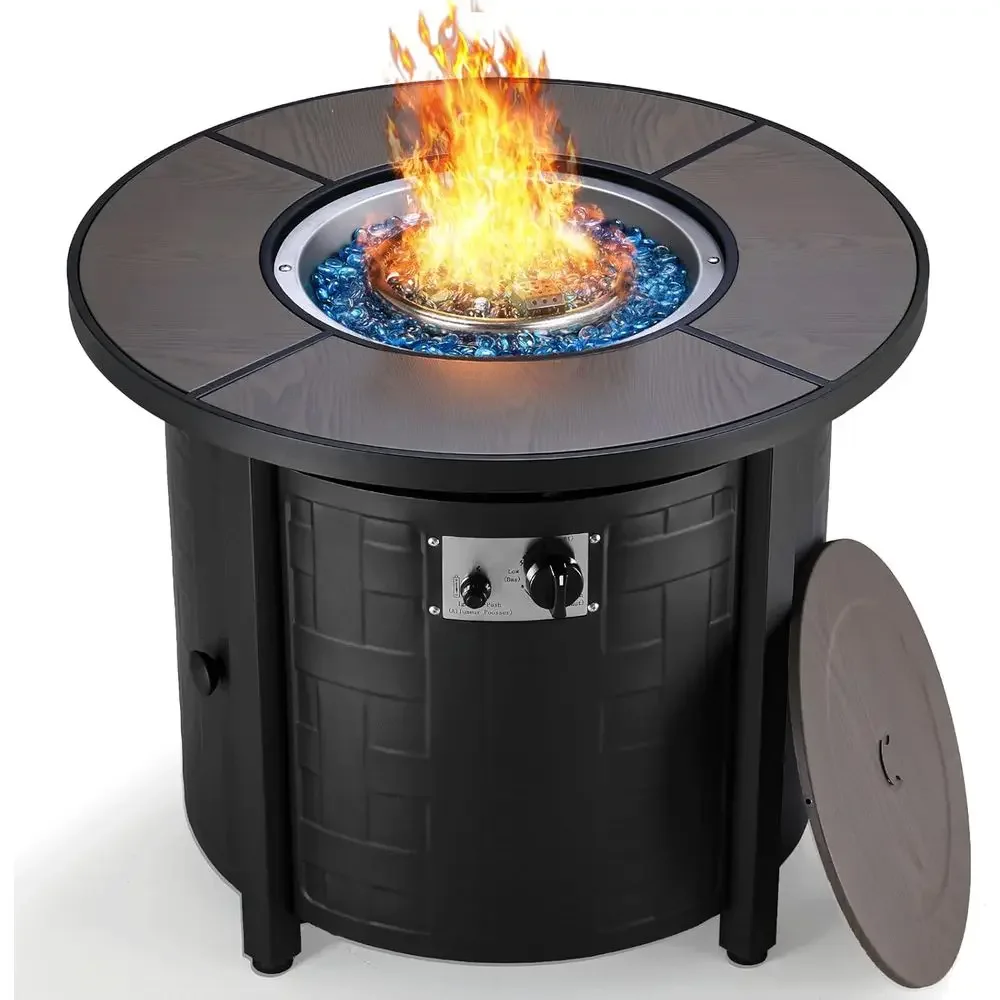 30 Round 50,000 BTU Outdoor Fire Pit Table with Lid, Converts to Coffee Table, Certified, Waterproof Cover & Blue Fire Glass Inc