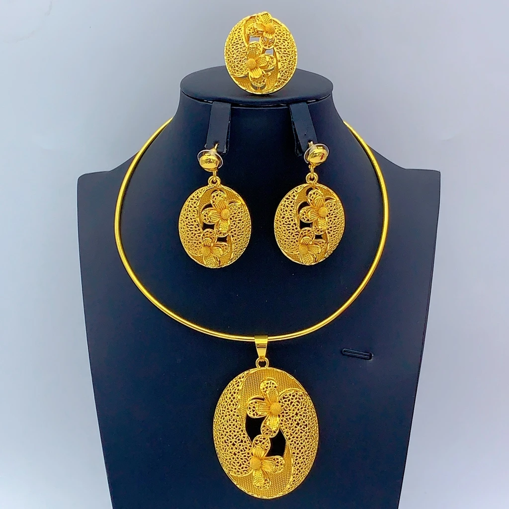 Luxuriöses Äthiopisches 24k Vergoldetes Blumen-Halsketten- und Ohrring-Set für Frauen Indisches Dubai Brautschmuck-Set Hochzeitsgeschenk – Detail 2