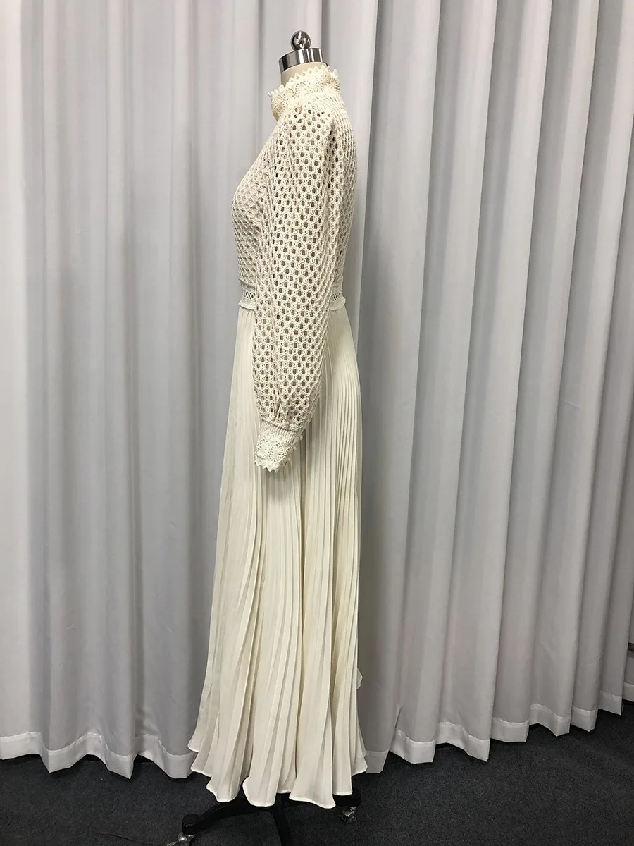 TWOTWINSTYLE Solid Hollow Out Spliced Embroidery Elegant Dresses for Women High Neck Long Sleeves Tunic Casual Dress Female New