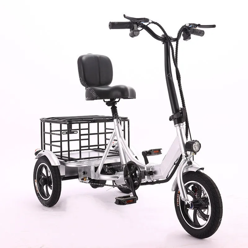 Folding Electric Tricycle Adults With Passengers Elderly 2 Seat 350W 48V 12 Inch Electric Bicycle For Women With Rear Basket