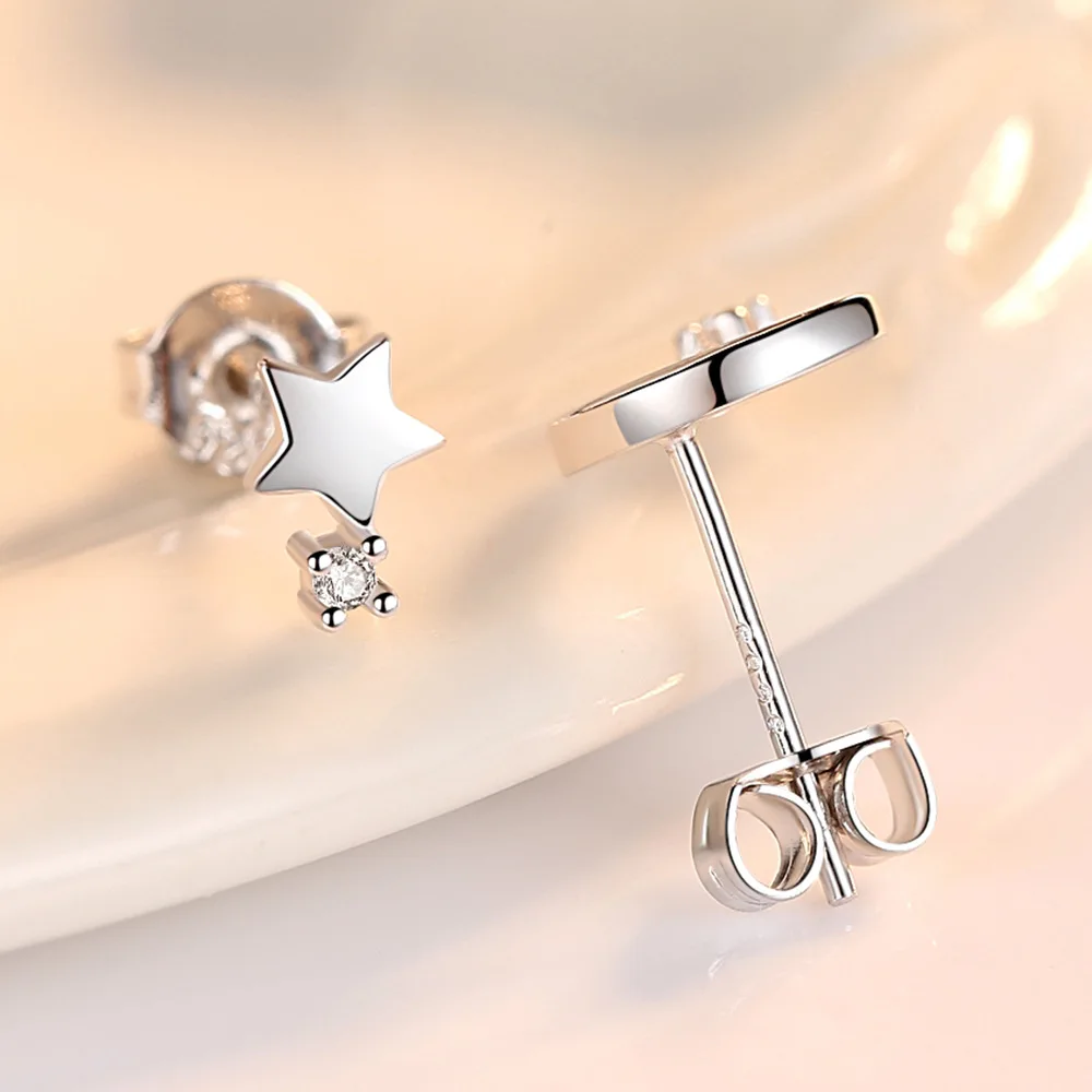 Real 925 Sterling Silver Jewelry Fashion High-qaulity Crystal Asymmetrical Moon Star Stud Earrings For Woman New XY0242