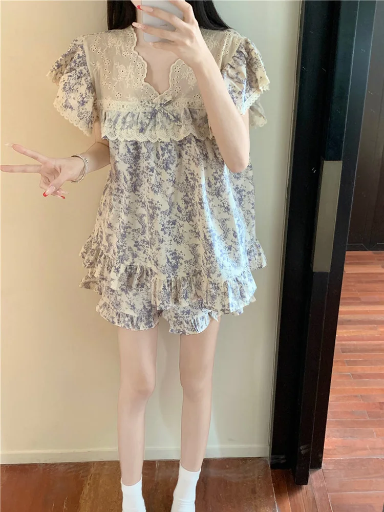 Soft New Lace 100%cotton Sweet Princess Short Sleeve Pajama Set Women Ink and Wash Court style Fashionable Loose NightDress Ins