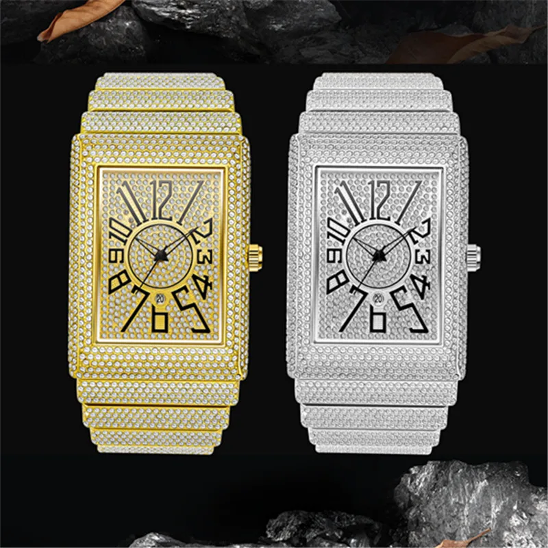 1pc / lot Original Big Brand Watches For Men Fashion Alloy Band Hip Hop Diamond Date Quartz Vintage Watch Golden Reloj Hombre