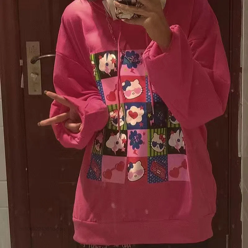 Sanrio-camisetas de Hello Kitty para mujer, ropa de primavera, camisetas de manga larga con capucha Y2k, Tops estéticos Kawaii, Jersey fino, sudadera dulce