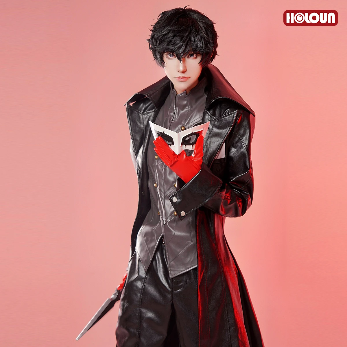 Holoun p5 jogo ren amamiya cosplay traje peruca máscara coringa casaco de couro falso calças colete luvas uso diário cos convenção rosa net