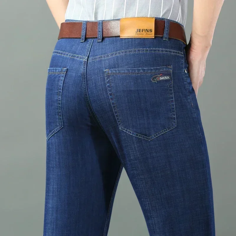 2023 Spring Summer Thin Denim Straight Cotton Stretch Jeans Men Business Casual Cloth High Waist Ice Silk Lightweight Trousers