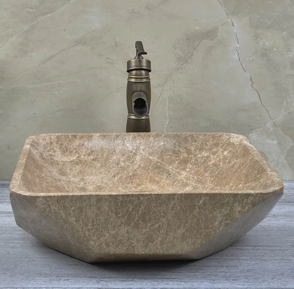 Lavabo de Piedra Natural Hecho a Mano con Forma Única Emperador Light, Lavabo de Baño con Facetas de Diamante, Lavabo de Mármol