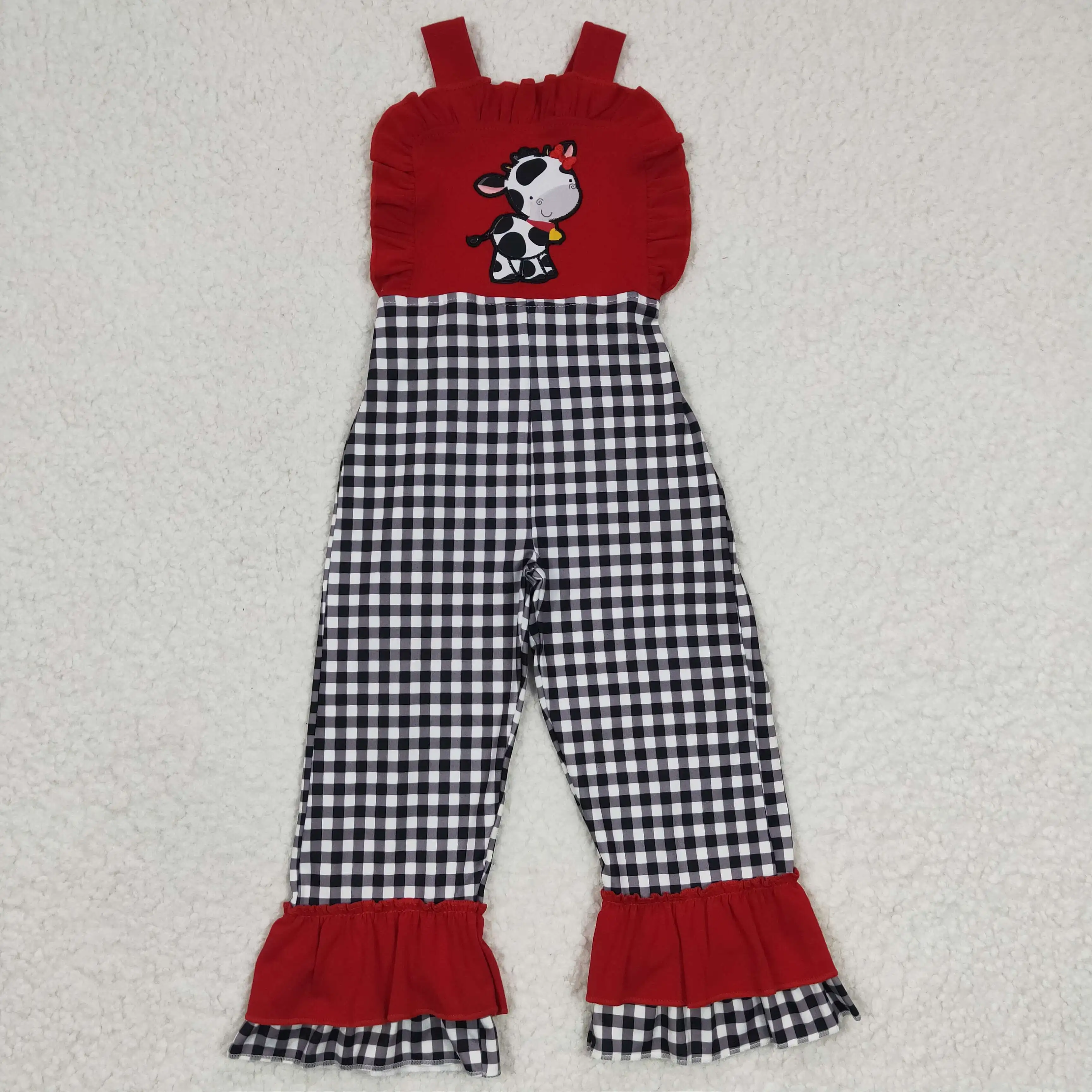 

N​ew Update 2023 NO MOQ RTS Children Plaid Bodysuits Kids Overall Clothing Baby Cow Embroidery Jumpsuits