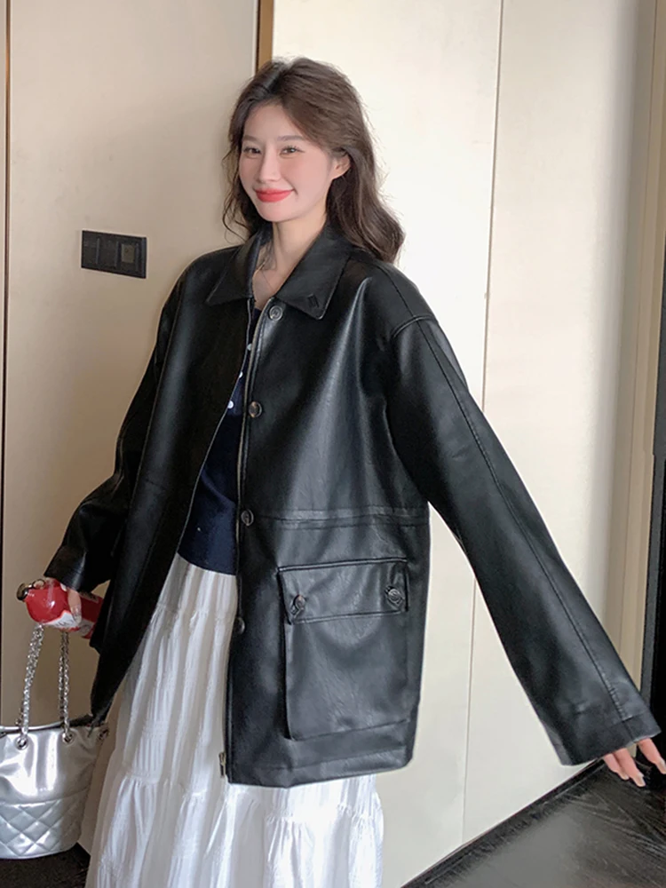 LANMREM Korean Moto Style PU Leather Jacket For Women Lapel Single Breasted Solid Color Casual Coat 2024 Autumn New 2Z2537