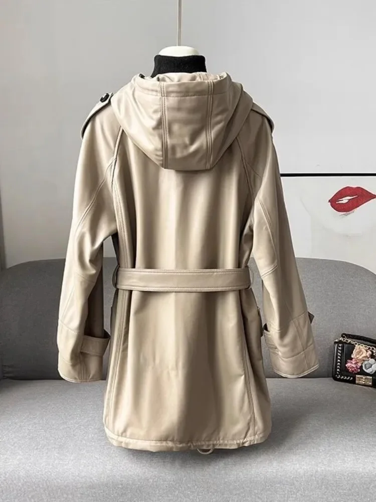 Women Genuine Leather Long Jacket Autumn Zip Stand Collar Hooded Overcoat High Quality Casual Windbreakers Real Sheepskin Coat