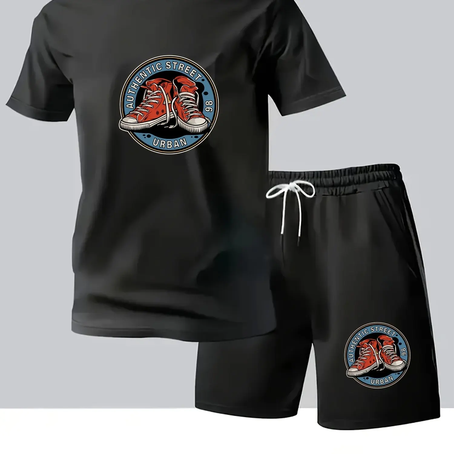 

Men's casual two-piece set, short-sleeve shirt and shorts for summer running and sports.