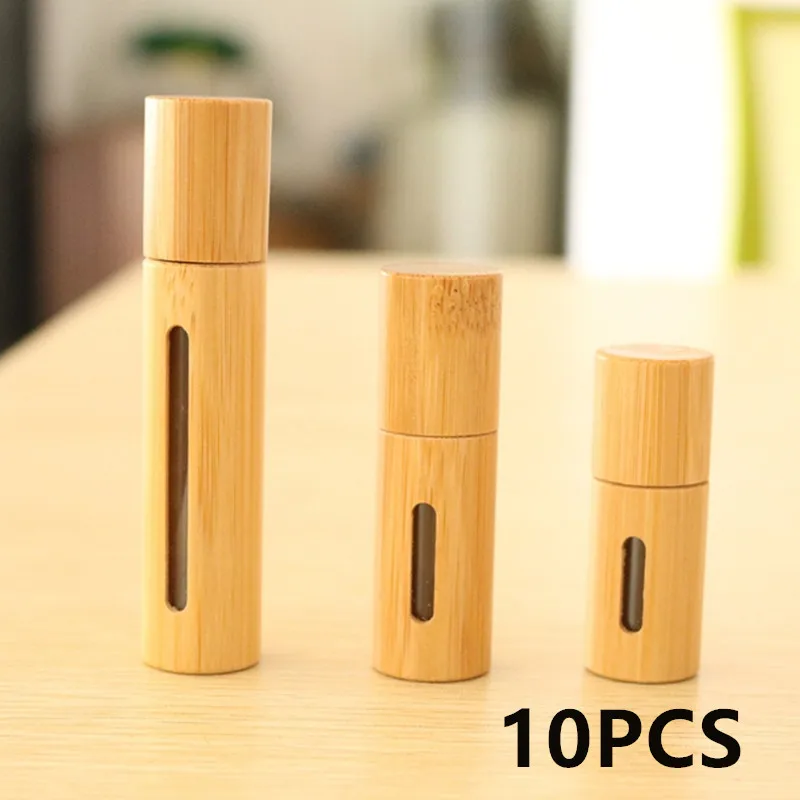 10PCS 5ML 10ML Natural Bamboo Wood Bottle Perfume Empty Oil Bottle Stainless Roll On Ball Perfume Aromatherapy Bottle