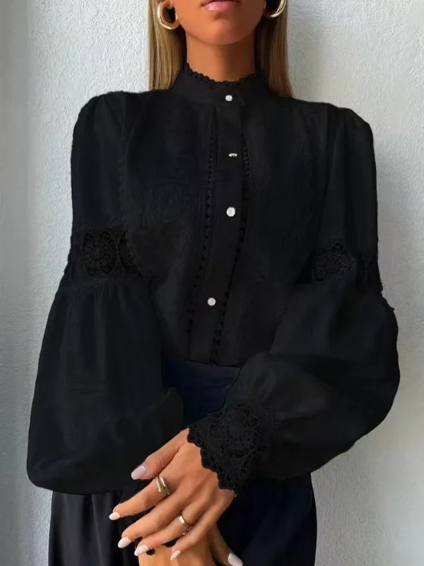 

Spring New Style Lace Splicing Long Sleeve Shirt Stand Collar Commuting Office Lady Fashion Loose Fit Polyester Fiber Shirt