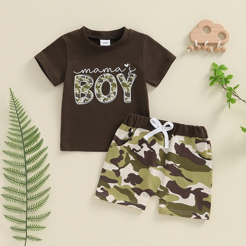 

Toddler Boys Summer Outfits Letter Print Short Sleeve Round Neck T-Shirt with Camouflage Pattern Shorts