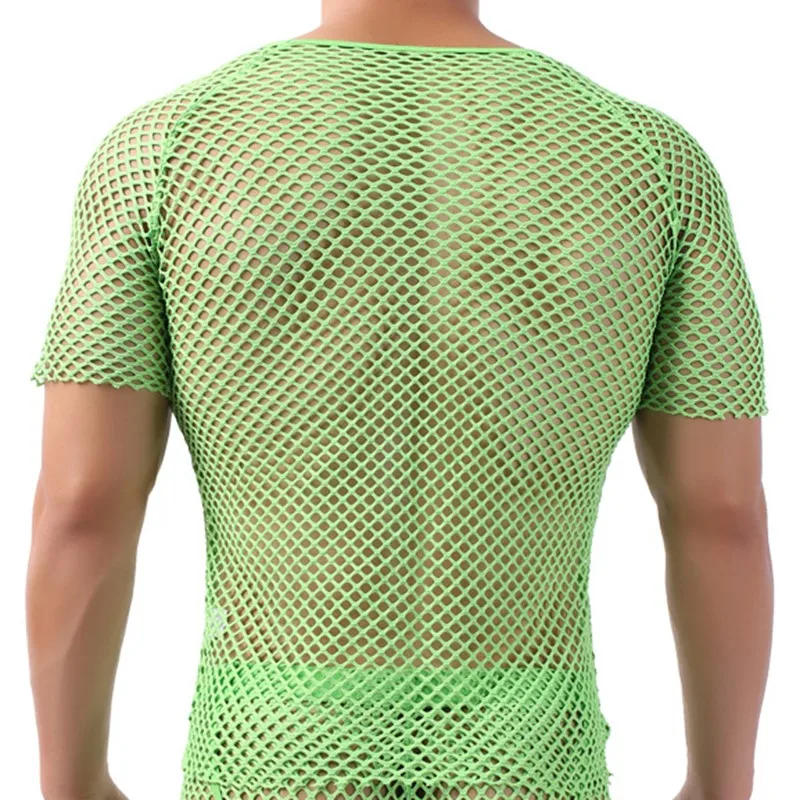 Mens Fishnet Undershirt Sheer Mesh Top Sexy See Through Lingerie Open Knit Shirt for Men Sultry Transparent T-Shirt Inner Wear