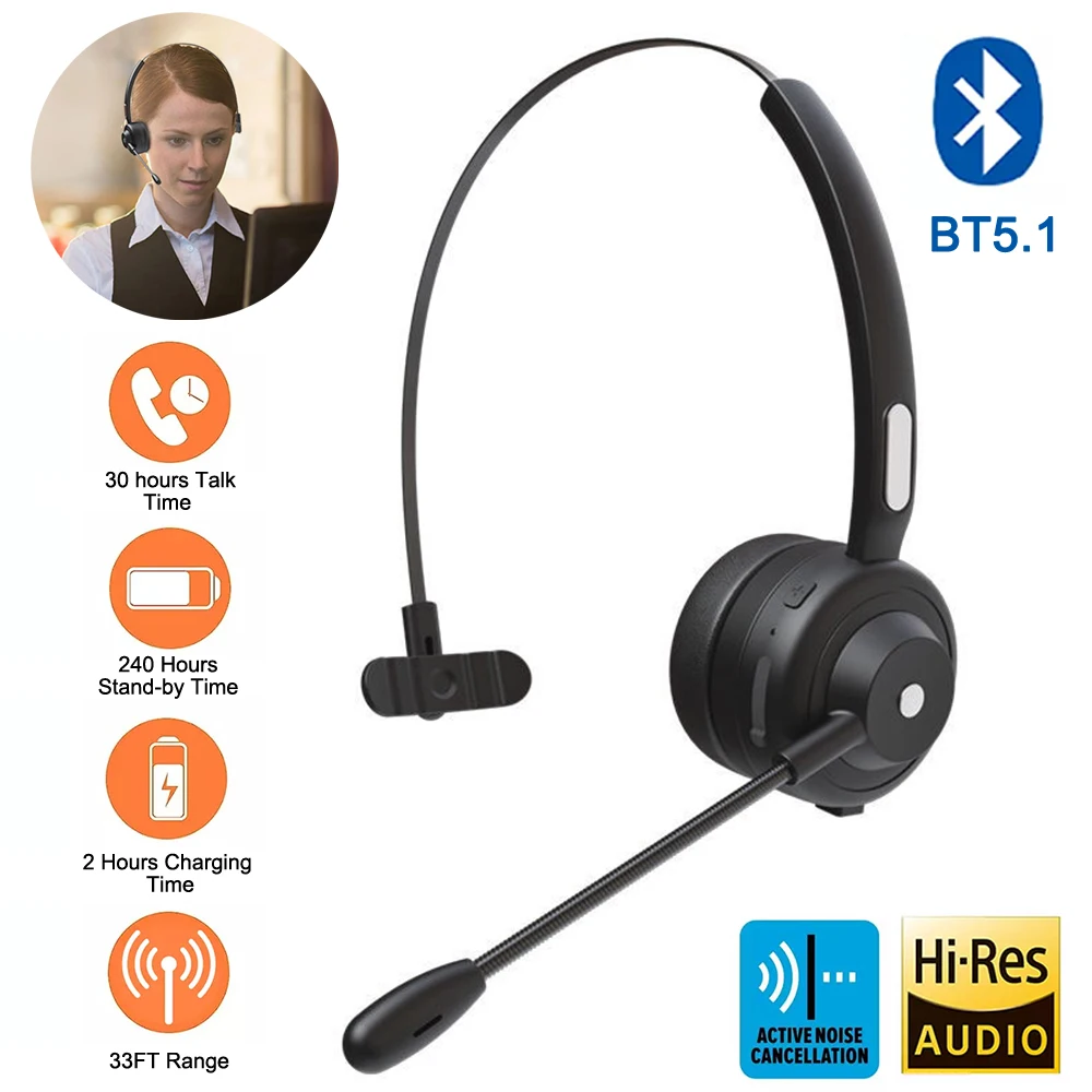 

Wireless Call Center Headset Bluetooth 5.1 Headset with Noise Canceling Microphone Hands-free Call Headset for Call Center