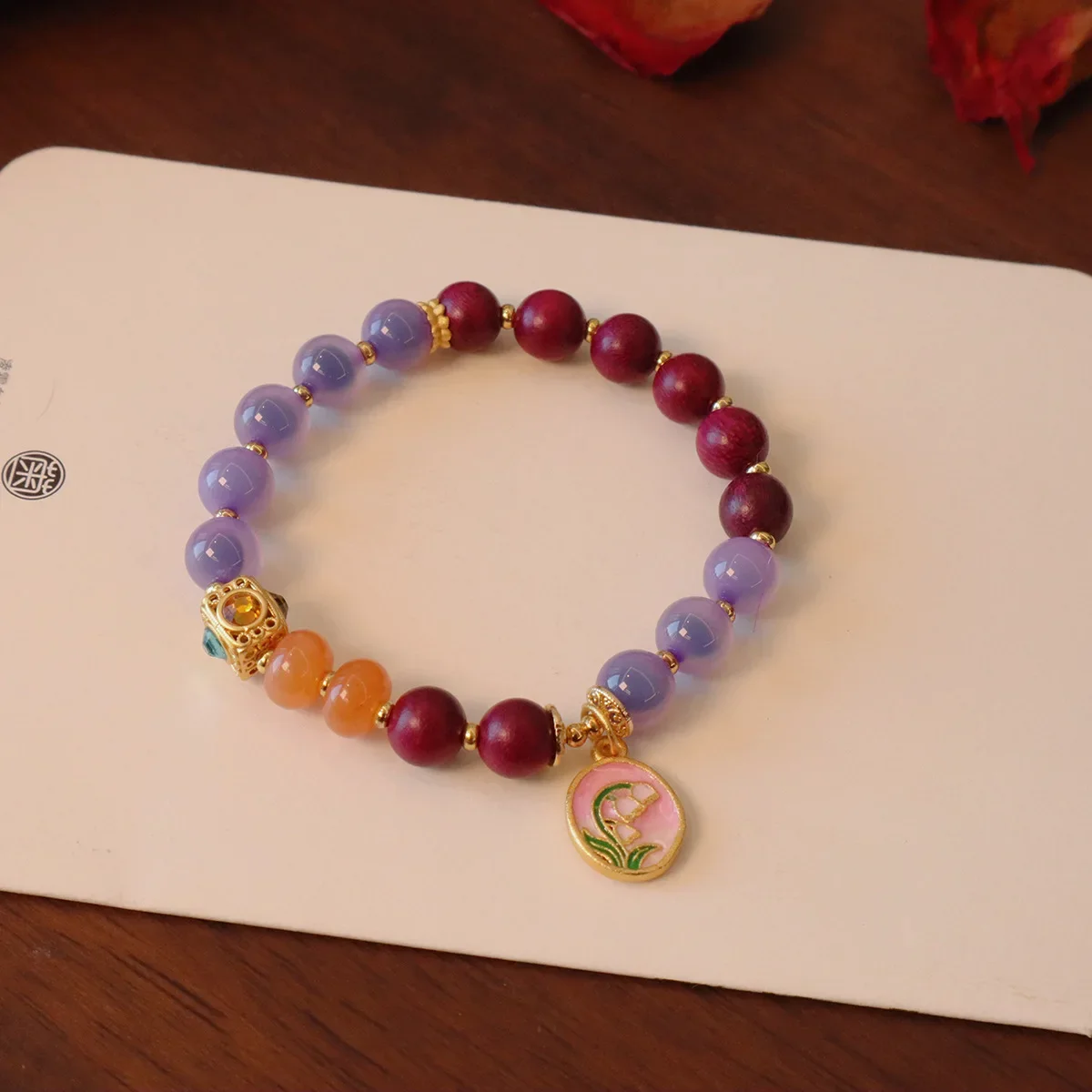 

Sweet Flower Charm Natural Blue Purple Sugar Heart Agate Peltogyne Crystal Beaded Strand Bracelet Women Jewelry Accessories 1383