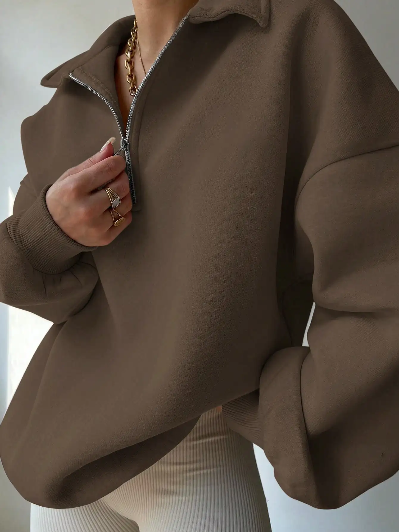 Oversized damessweater met halve ritssluiting, casual top met lange mouwen voor herfst, school en dagelijks gebruik