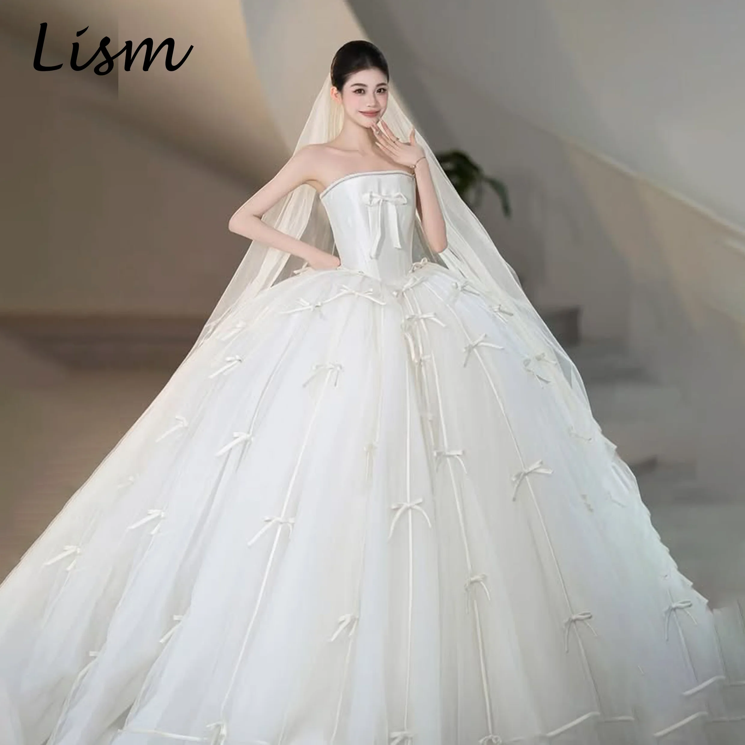 Lism Sophisticated A-line Wedding Dresses Sleeveless Strapless Floor-Length Bow Korea Wedding Dress Photo Shoot 웨딩드레스 Customized