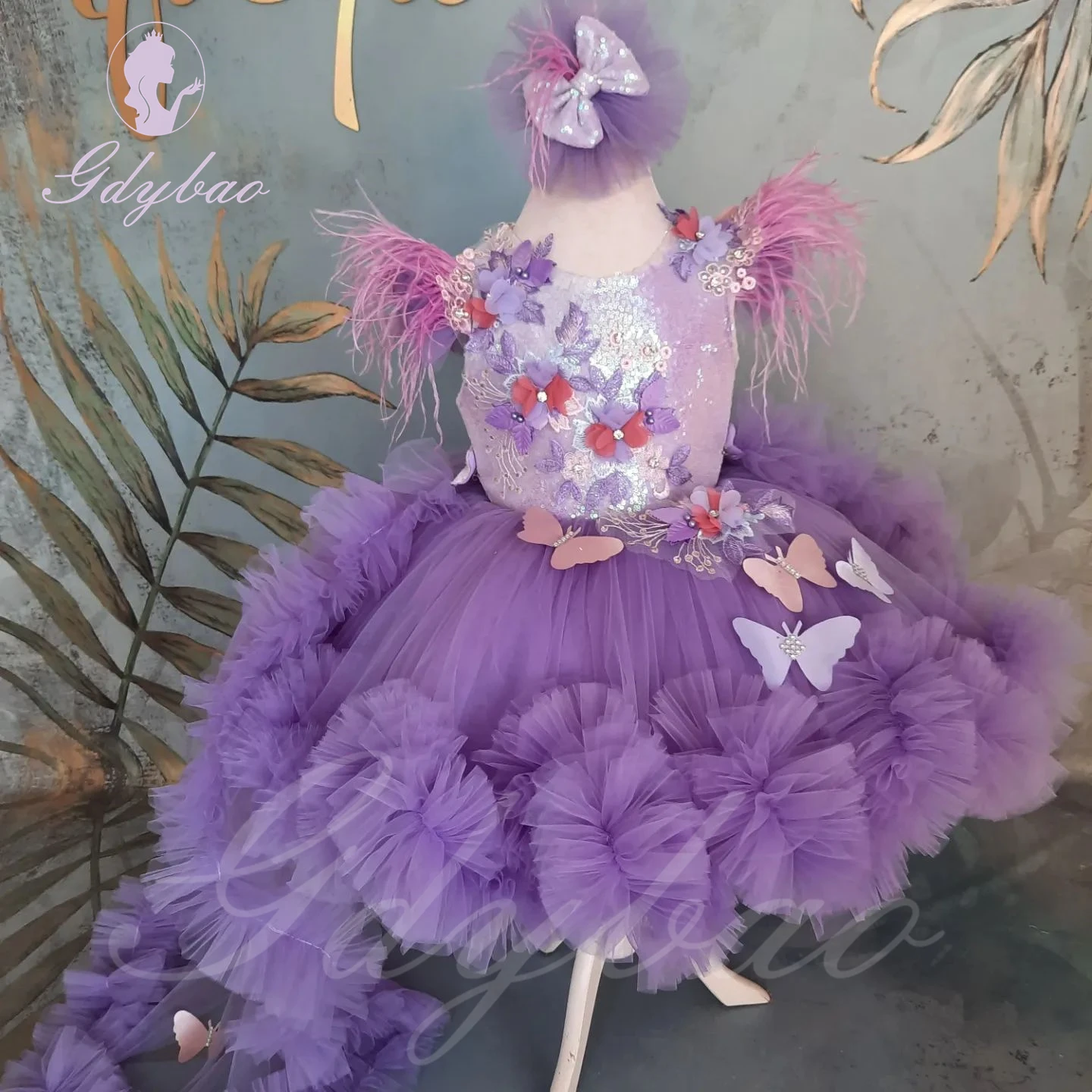 Vestido florista roxo com lantejoulas e laço, vestido de baile, Applique 3D, Inchado, Pena, Bebê, Criança, Aniversário, Primeira Comunhão