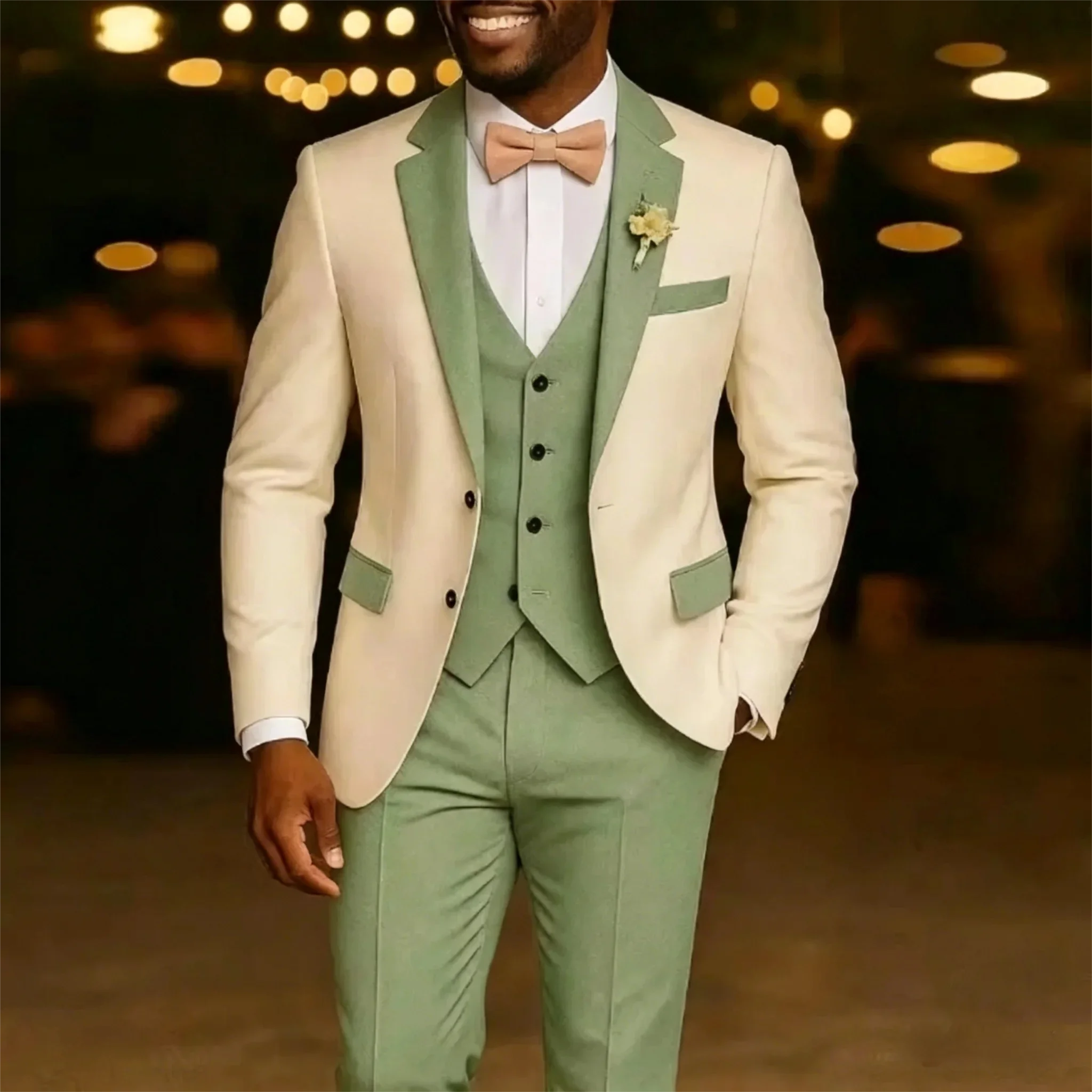 

White And Mint Green Men Suit Formal Occasion Groom Groomsman Wedding Party Prom Male Tuxedos 3 Piece Set Blazer+Vest+pant