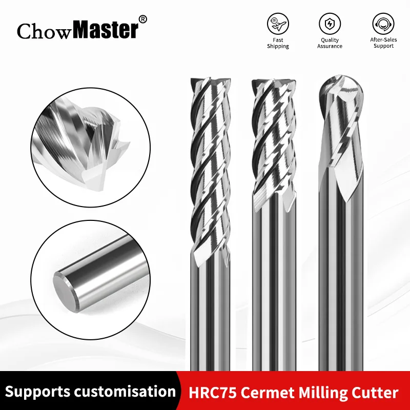 HRC75 Cermet Fräser 4 Schneiden Unbeschichtet Hochhärte CNC Flach-/Kugelkopf-/Eckradius-Superharter Metall-Keramik-Schaftfräser