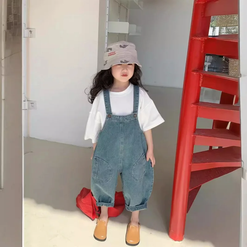 Children's Denim Suspender Pants Spring Children's Sweet Trousers Crawler3-8One-Piece Delivery for Children's Clothing