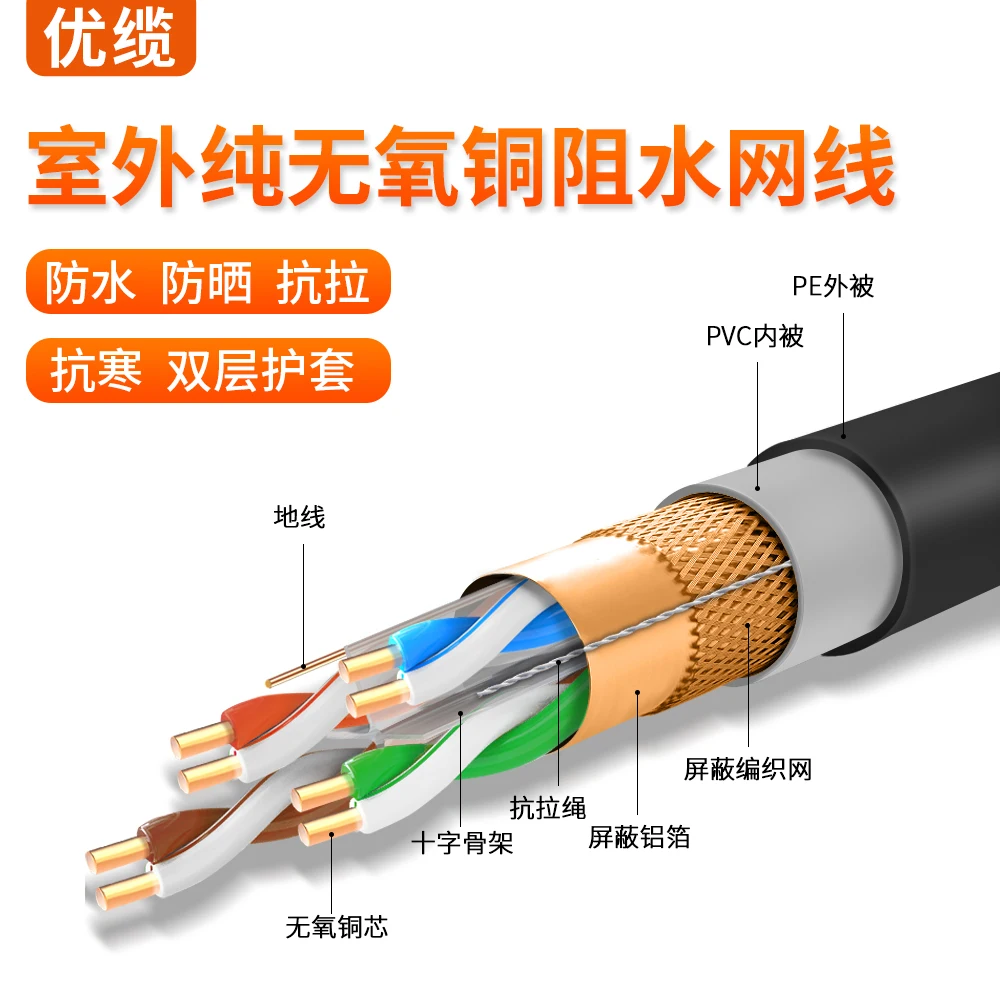 300m Outdoor waterproof double shielded CAT6 cable RJ45 LAN network OFC twisted pair for engineering wire Ethernet Poe IP camera