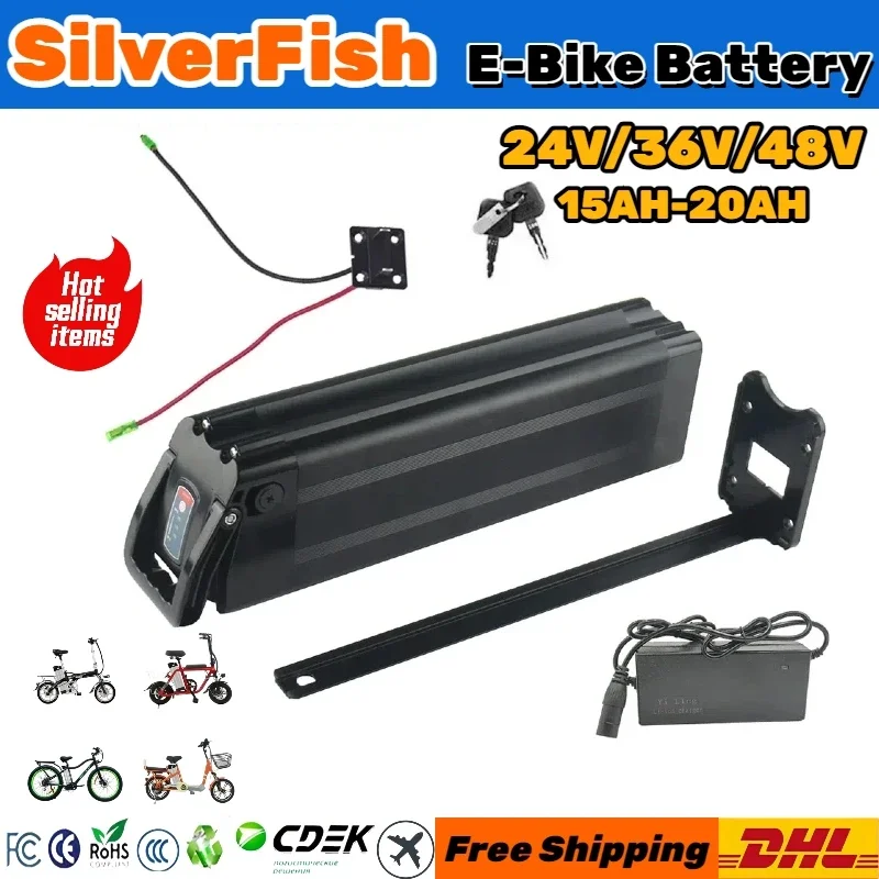 

24V/36V/48V NEW E-bike SilverFish battery Large Capacity 15Ah-20Ah 18650 li-ion Battery Pack Built in BMS, equipped with charger