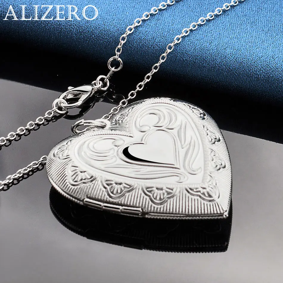 ALIZERO 925 Sterling Silver Heart Photo Frame Pendant Necklace 16-30 In Chain For Women Men Jewelry Party and Daily Wear