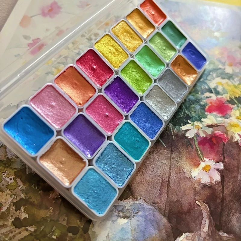 

24-цветные перламутровые однотонные акварельные краски, ручная роспись, портативный набор акварельных коробок для дизайна ногтей, размазывание Тханка, товары для рукоделия