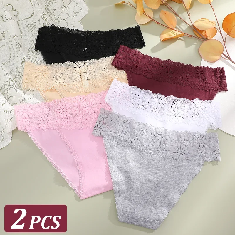 2Pcs Women's Seamless Cotton Briefs Flower Lace Panties Sexy Particular Breathable Underwear Female Stretch Erotic Lingerie S-XL