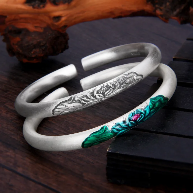 S999 Fine Silver Heavy Solid Cloisonne Bracelet Lotus Round Stick Silver Bangle