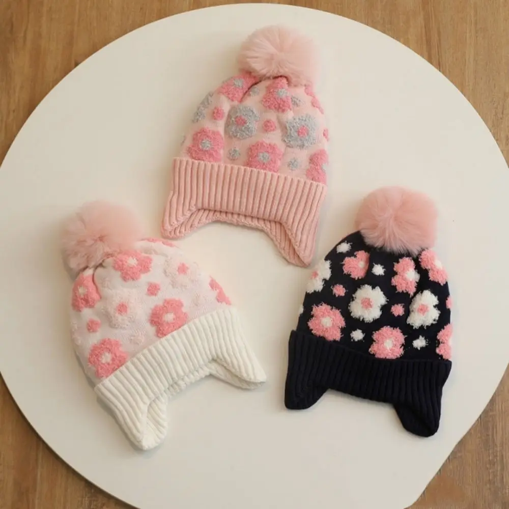 

New Winter Flower Ear Protector Hat 2-8Y Windproof Toddler Bonnet Thicken Warm Pompom Knitted Hats Children's Outdoor