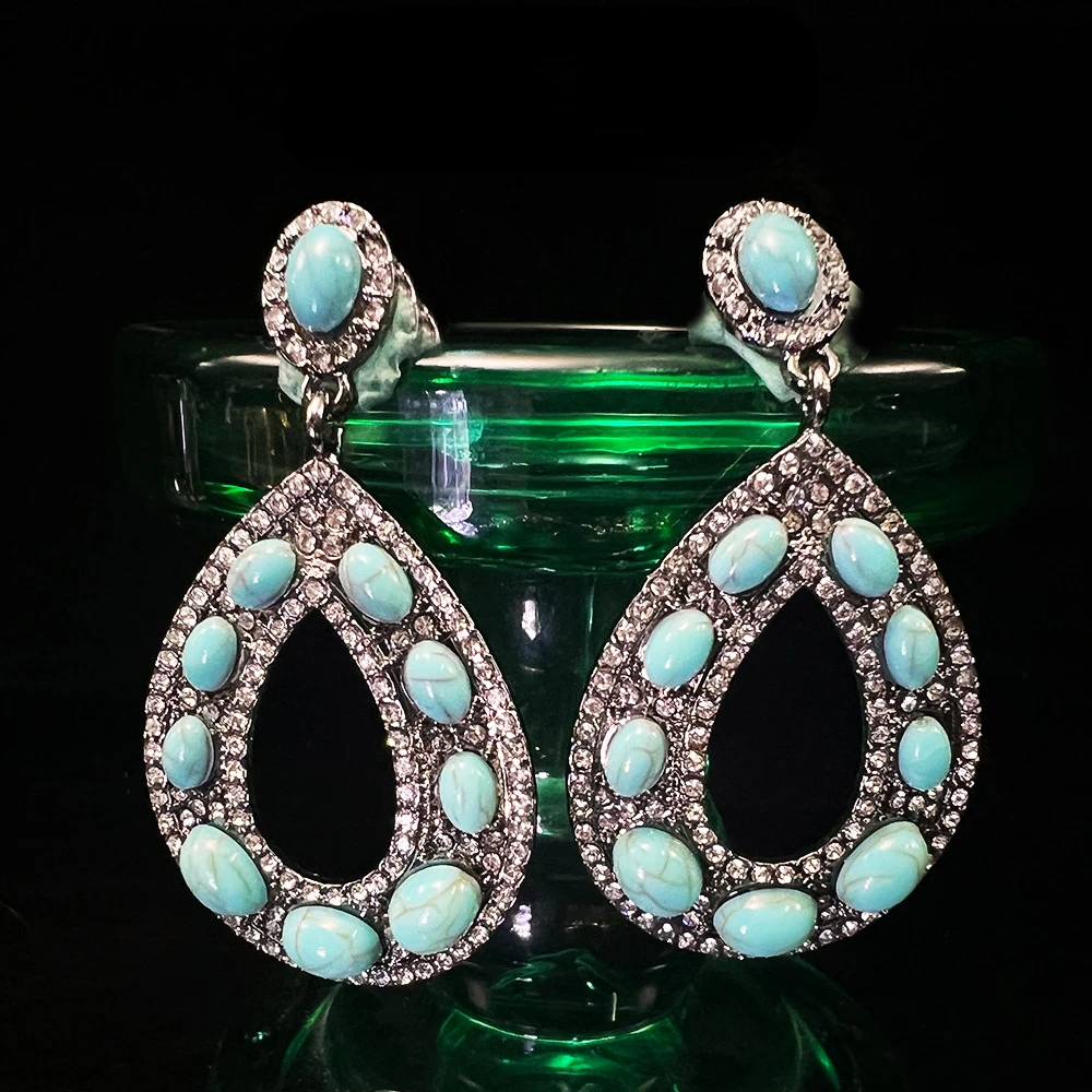 Original Jewelry Vintage Long Silver Color Blue Blossom Imitation Stone Turquoise Chandelier Dange Drop Earrings for Women INS