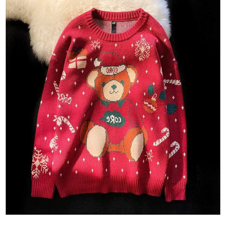 Harajuku Christmas Red Green Vintage Bear Kawaii Woman Sweaters Loose Winter Tops Big Size Couples Streetwear Aesthetic Sweater